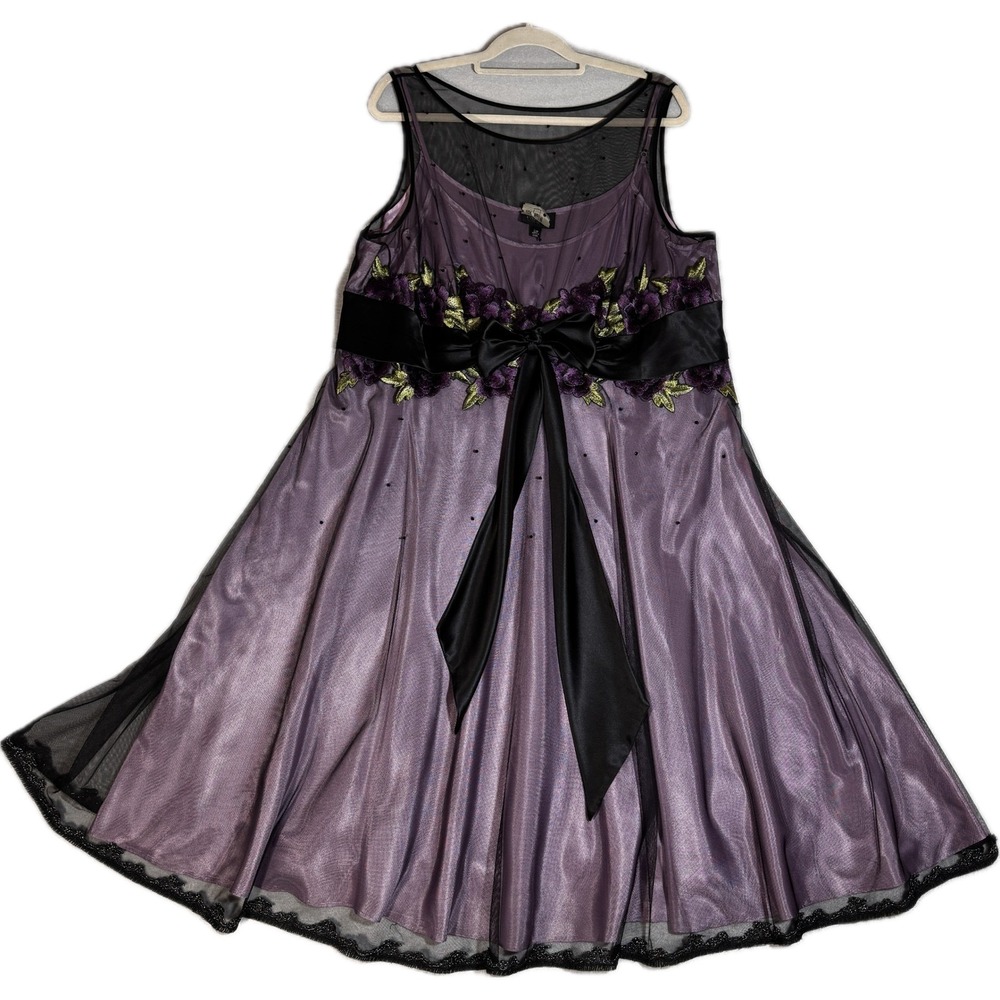 Vintage 90s Y2K Grunge Fairy Goth Adrianna Papell 20W Purple Mesh Floral Dress - Picture 2 of 8